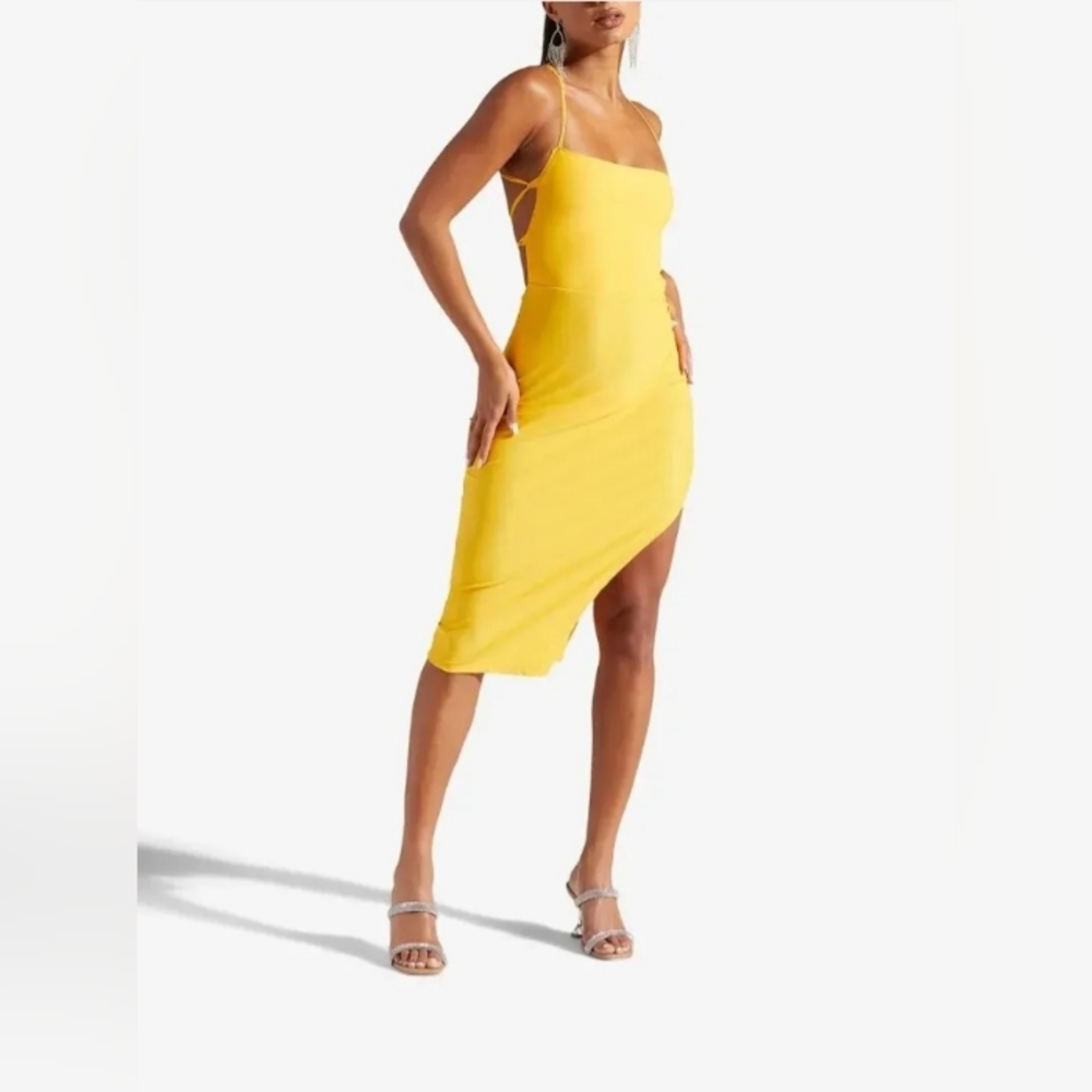 Women's Plus Size XXL Yellow Backless Midi Dress With Spaghetti Straps
